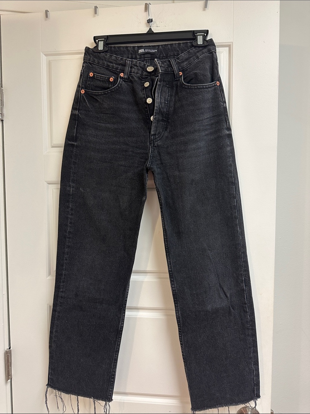 Zara Black High-Rise Straight Jeans with Button Fly